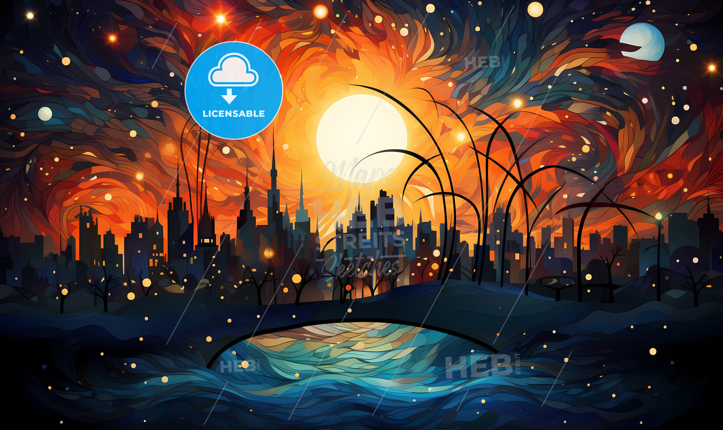 A Colorful Sky With A Large Moon And A City