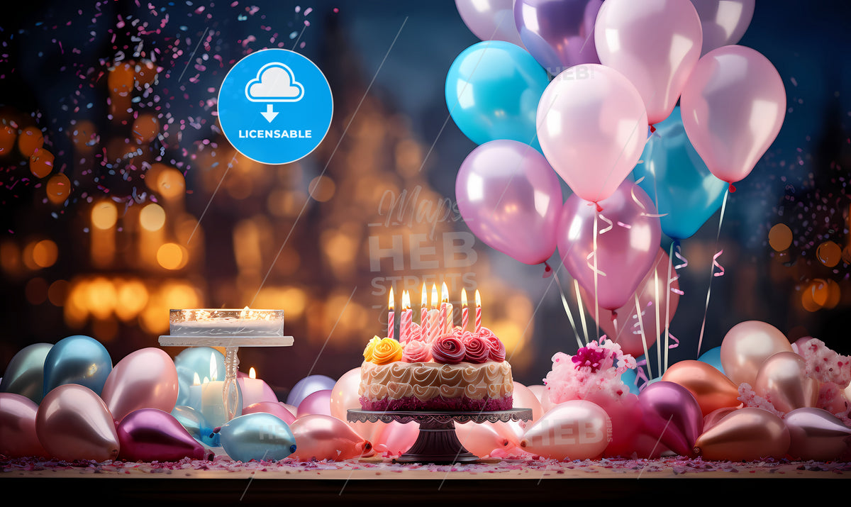 A Cake With Candles And Balloons