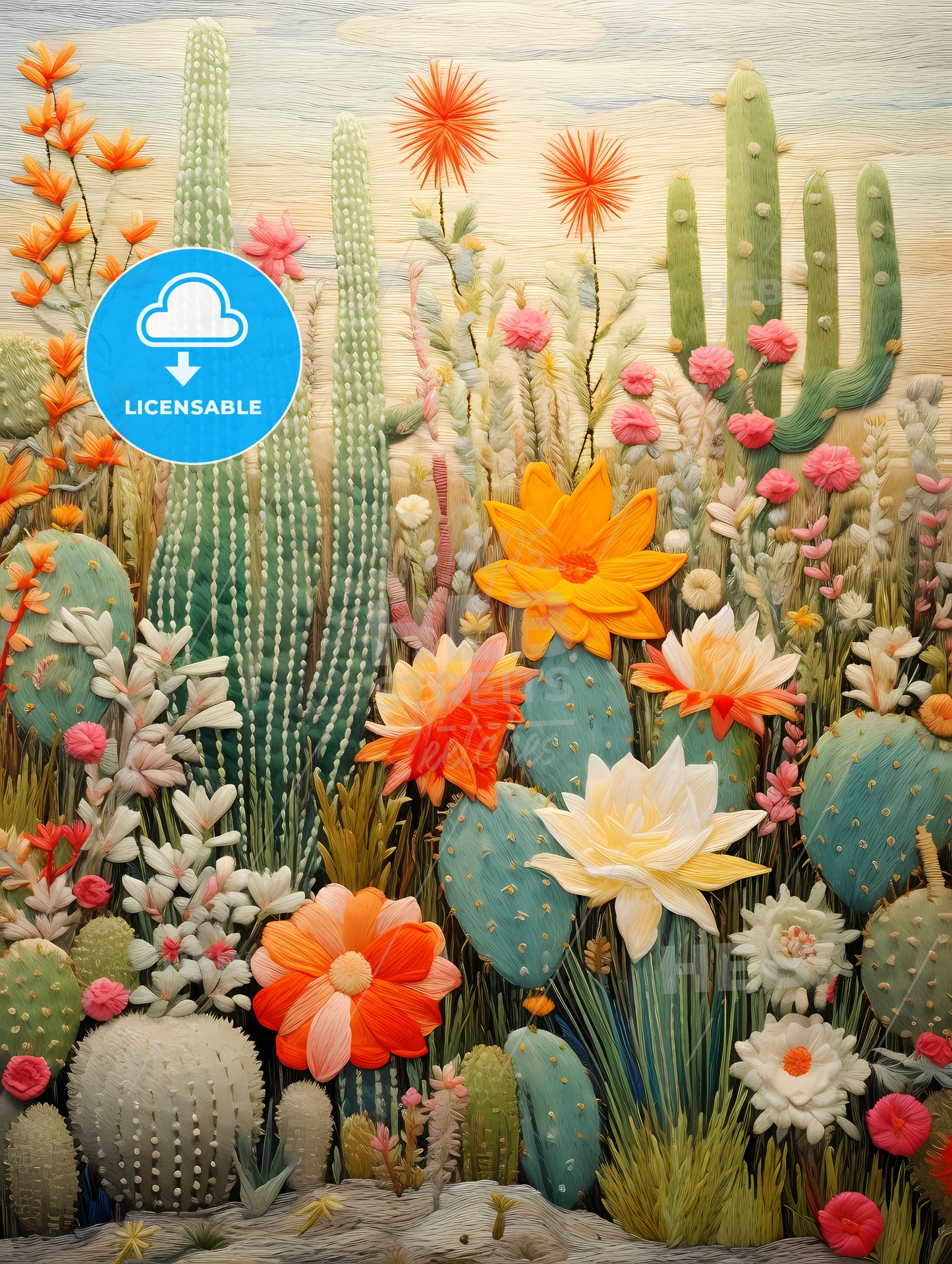 A Cactus And Flowers On A Wall