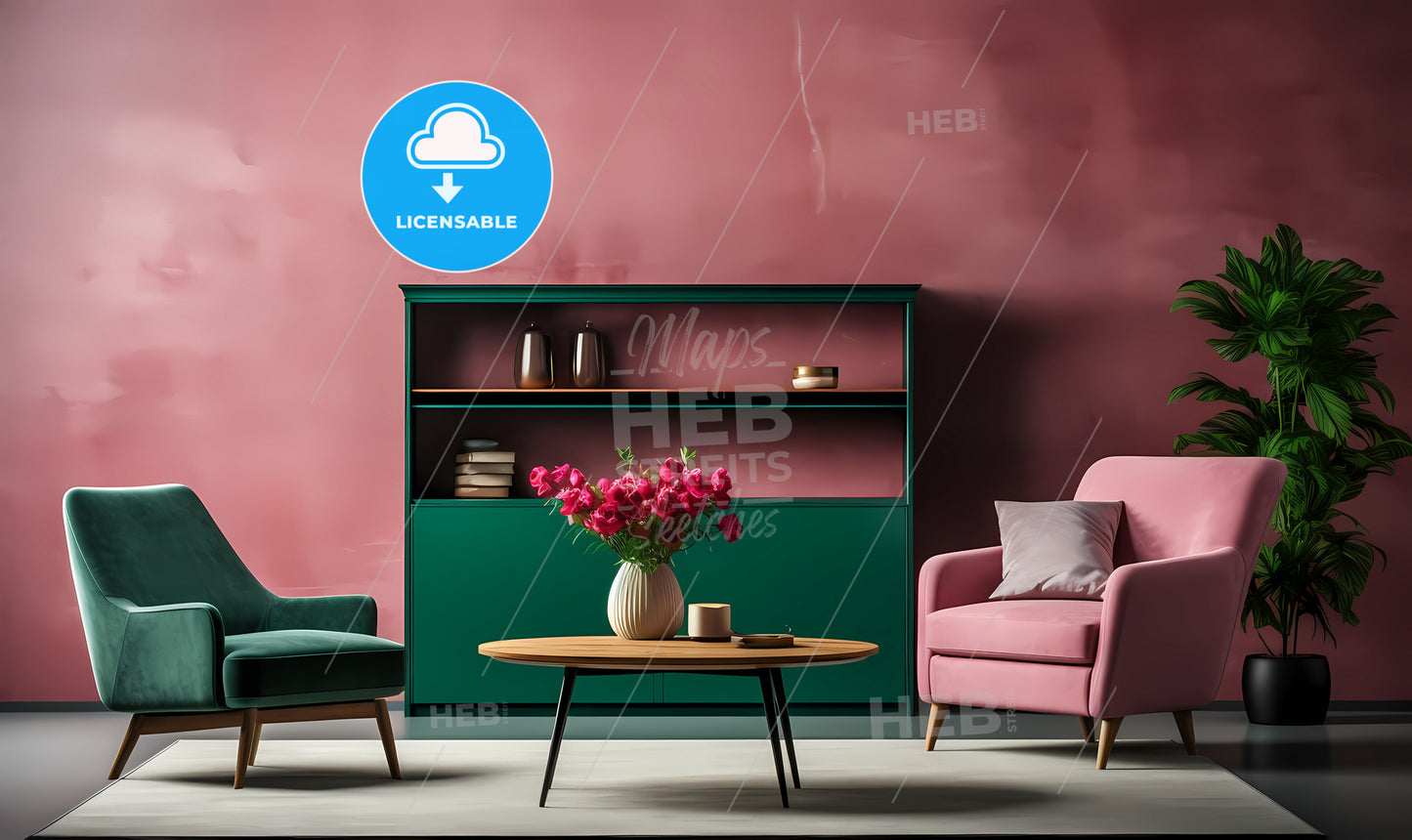 A Pink And Green Living Room With A Pink Chair And A Vase Of Flowers