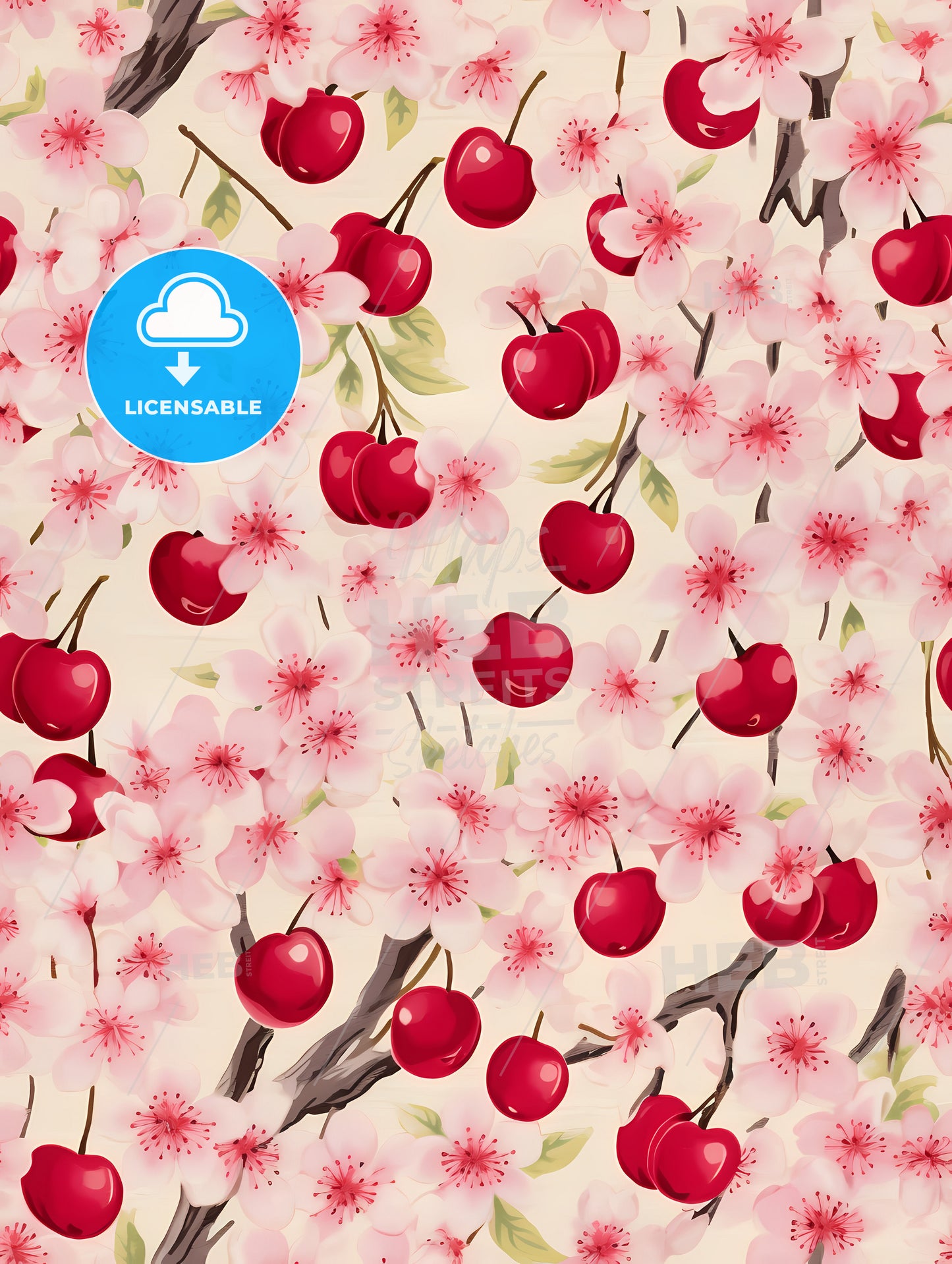 A Cherry Blossoms And Cherries On A White Background