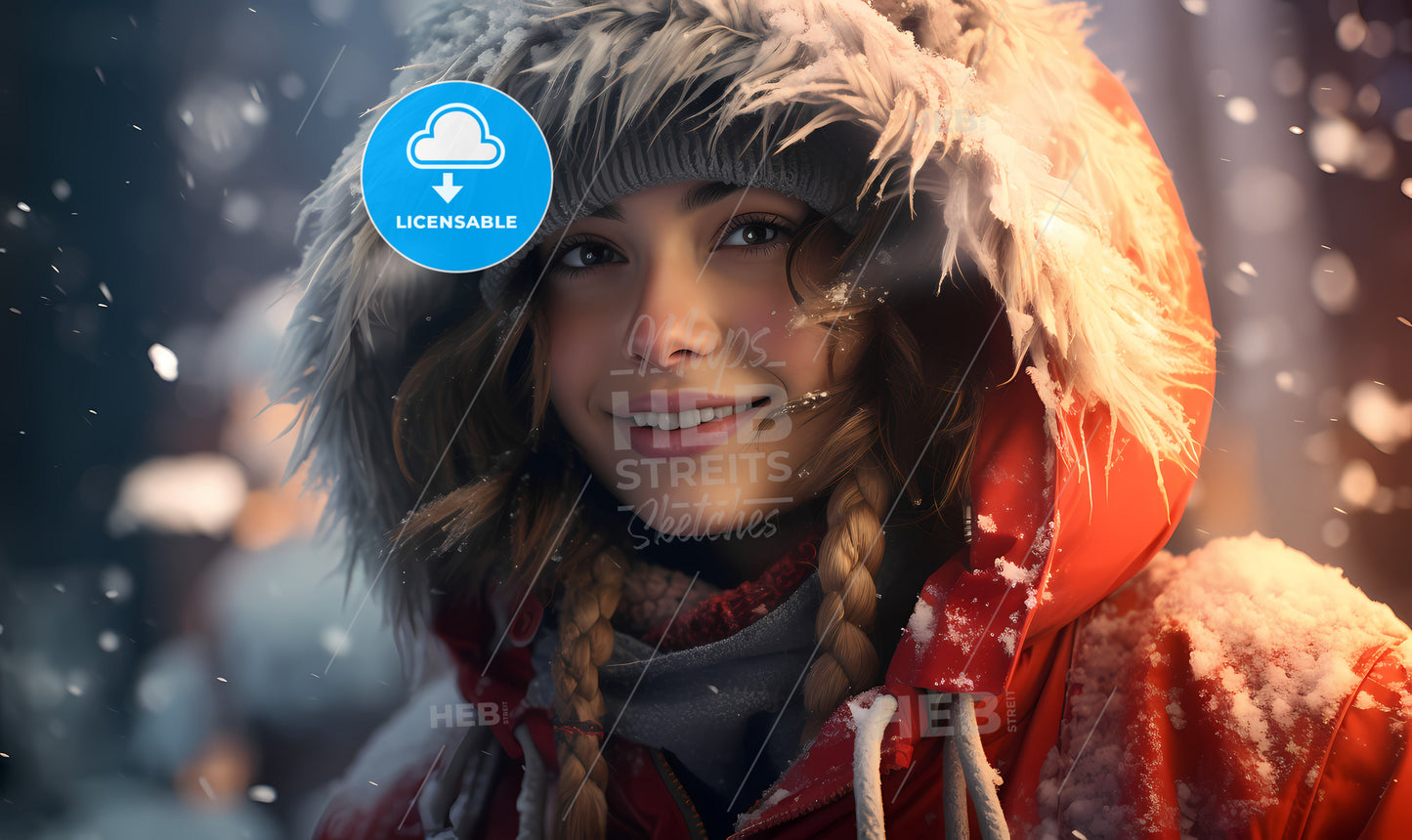 A Woman Wearing A Red Coat With A Furry Hood