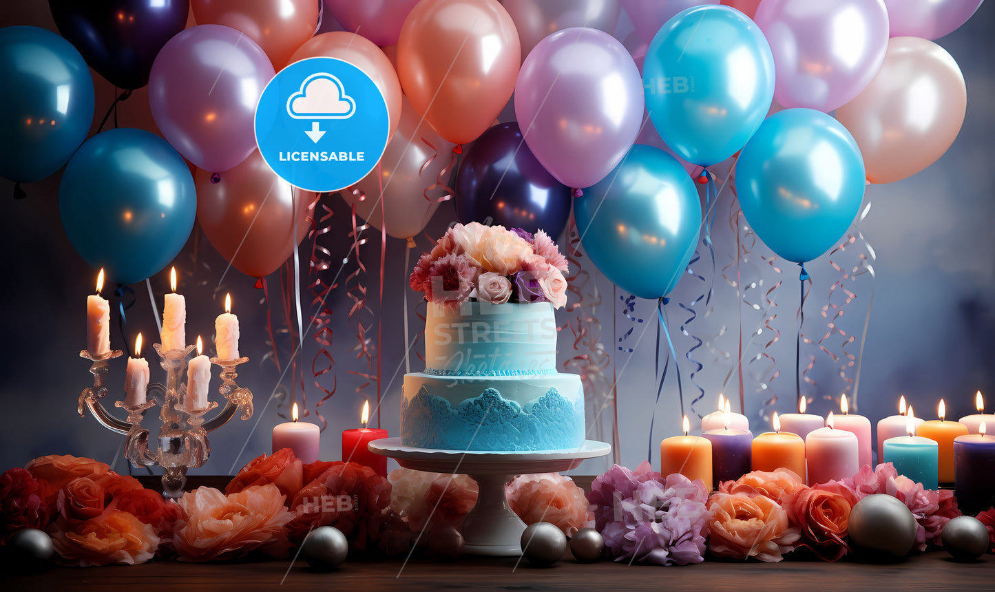 A Cake With Flowers And Balloons