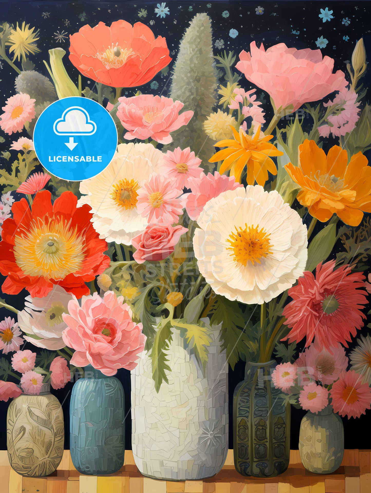 A Group Of Flowers In Vases