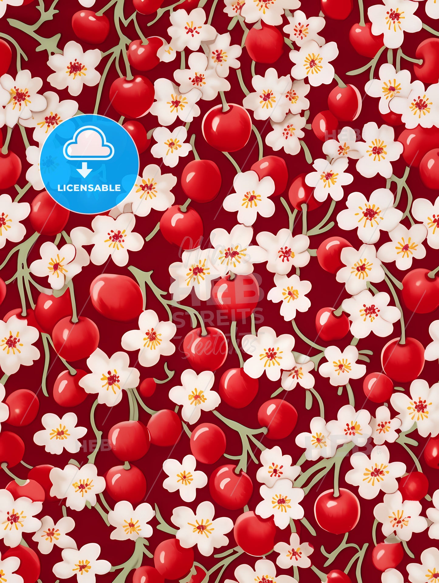 A Pattern Of Flowers And Cherries