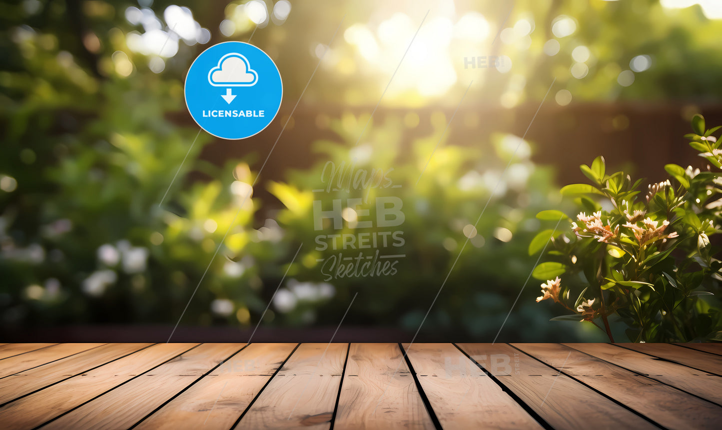 A Wooden Table With Plants In The Background