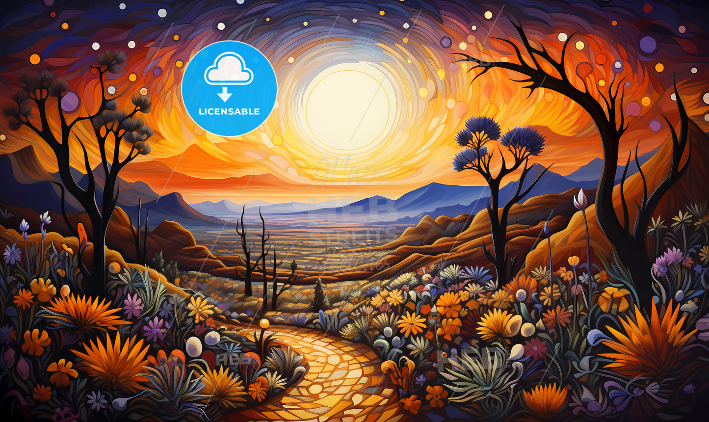 A Colorful Landscape With A Path And Trees And Flowers