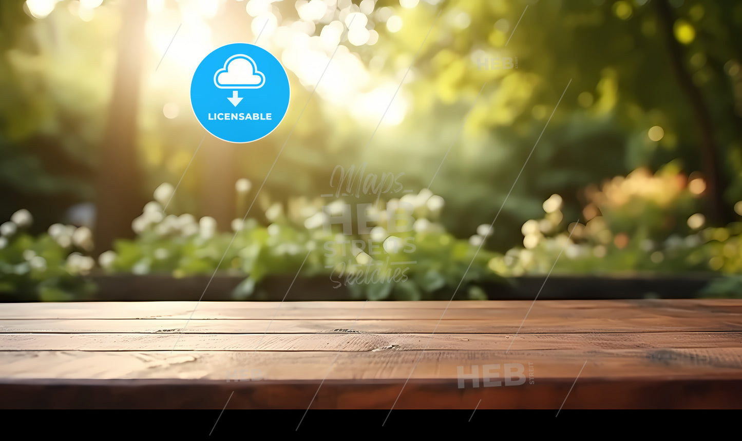 A Wooden Table With A Blurry Background Of Trees And Sunlight