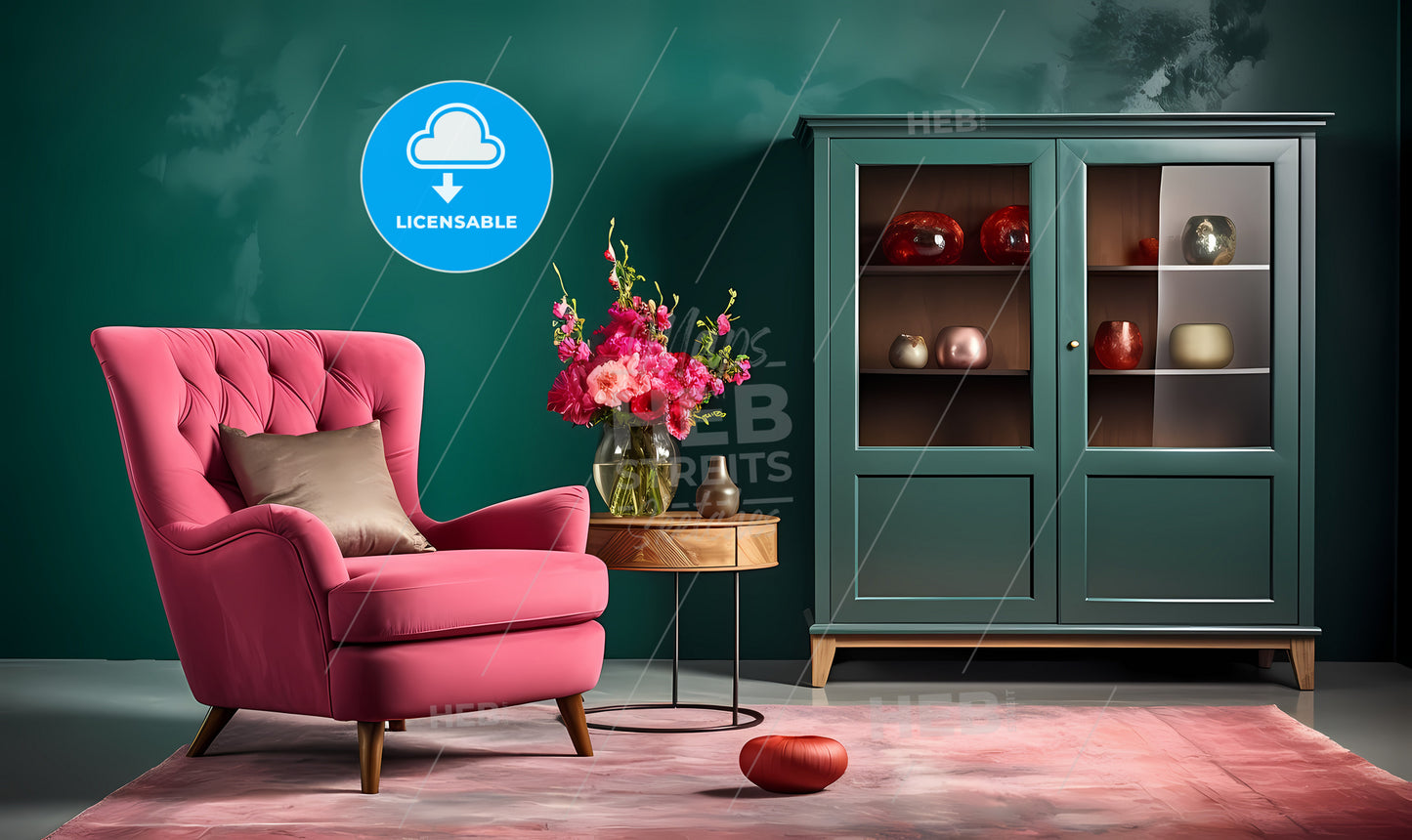 A Pink Chair And A Glass Cabinet