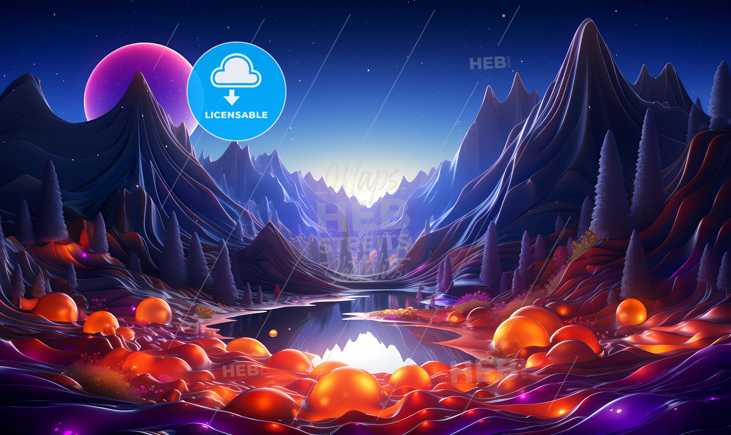 A Digital Art Of A Mountain Lake And Mountains