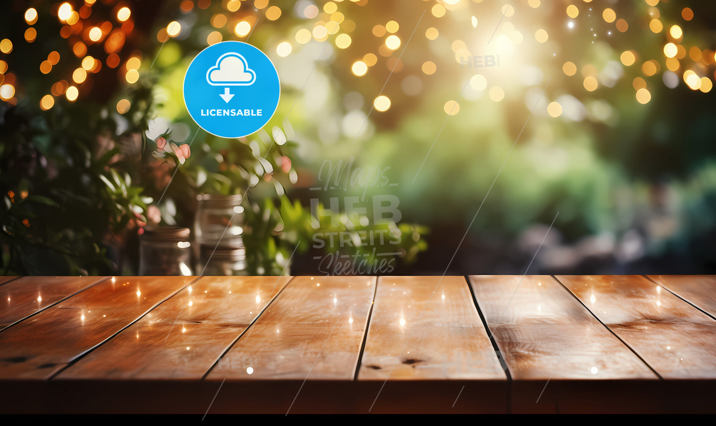 A Wooden Table With Lights In The Background