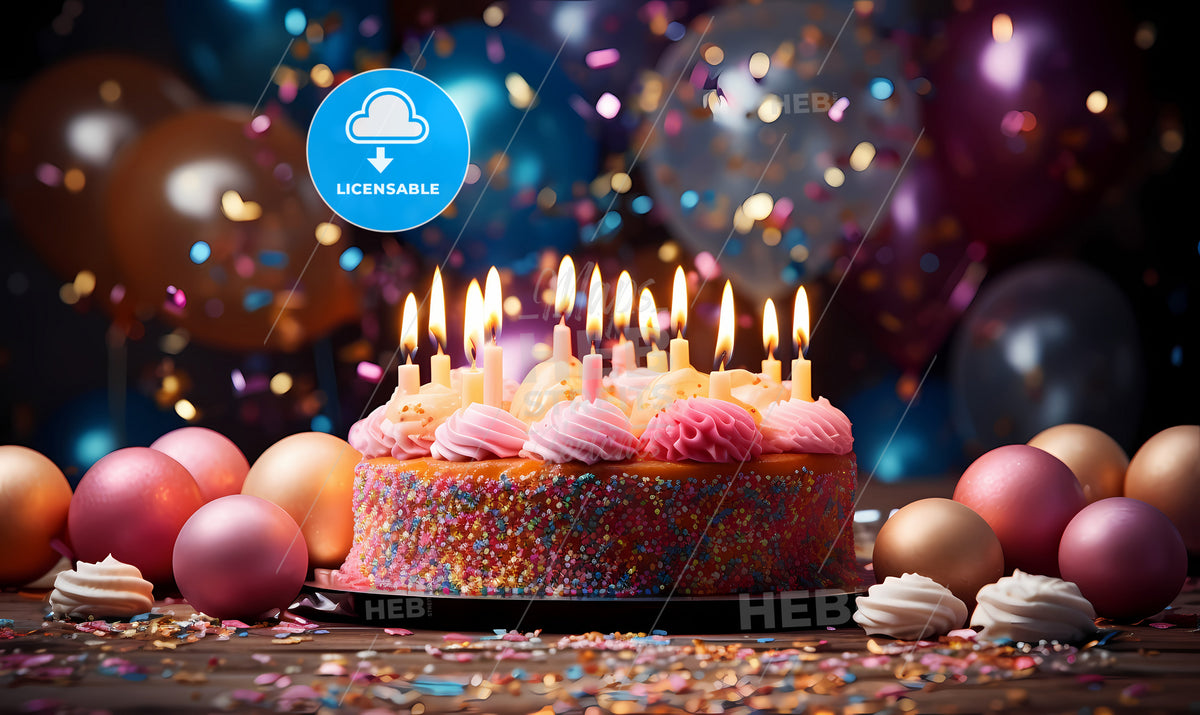 A Birthday Cake With Candles And Balloons