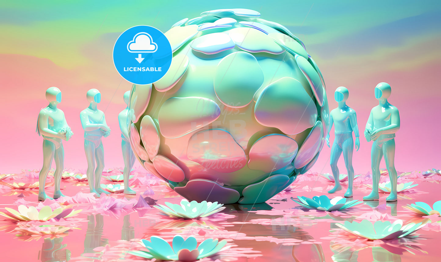 A Group Of People Standing Next To A Large Round Object