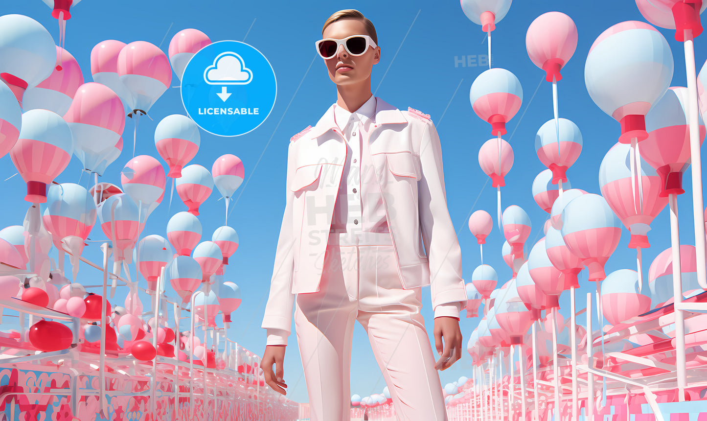A Woman In A White Suit And Sunglasses Standing In Front Of Pink And White Balloons