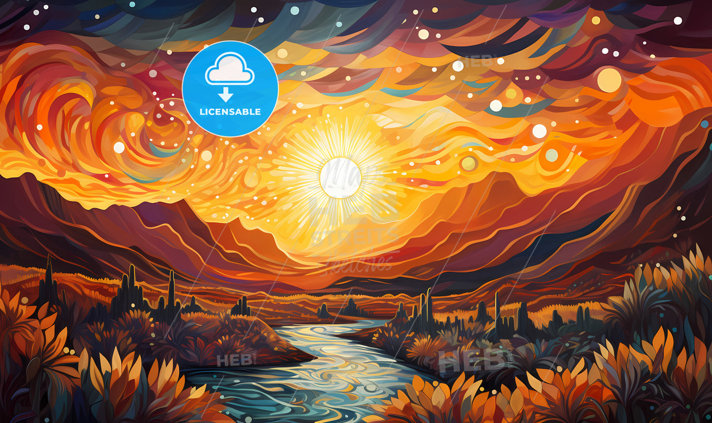 A River Running Through A Valley With Mountains And Sun