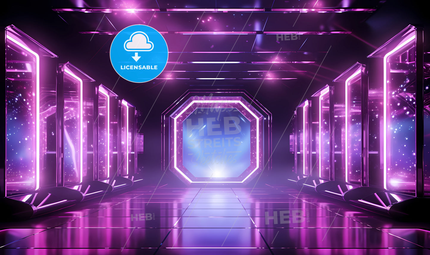 A Purple And Blue Room With Lights