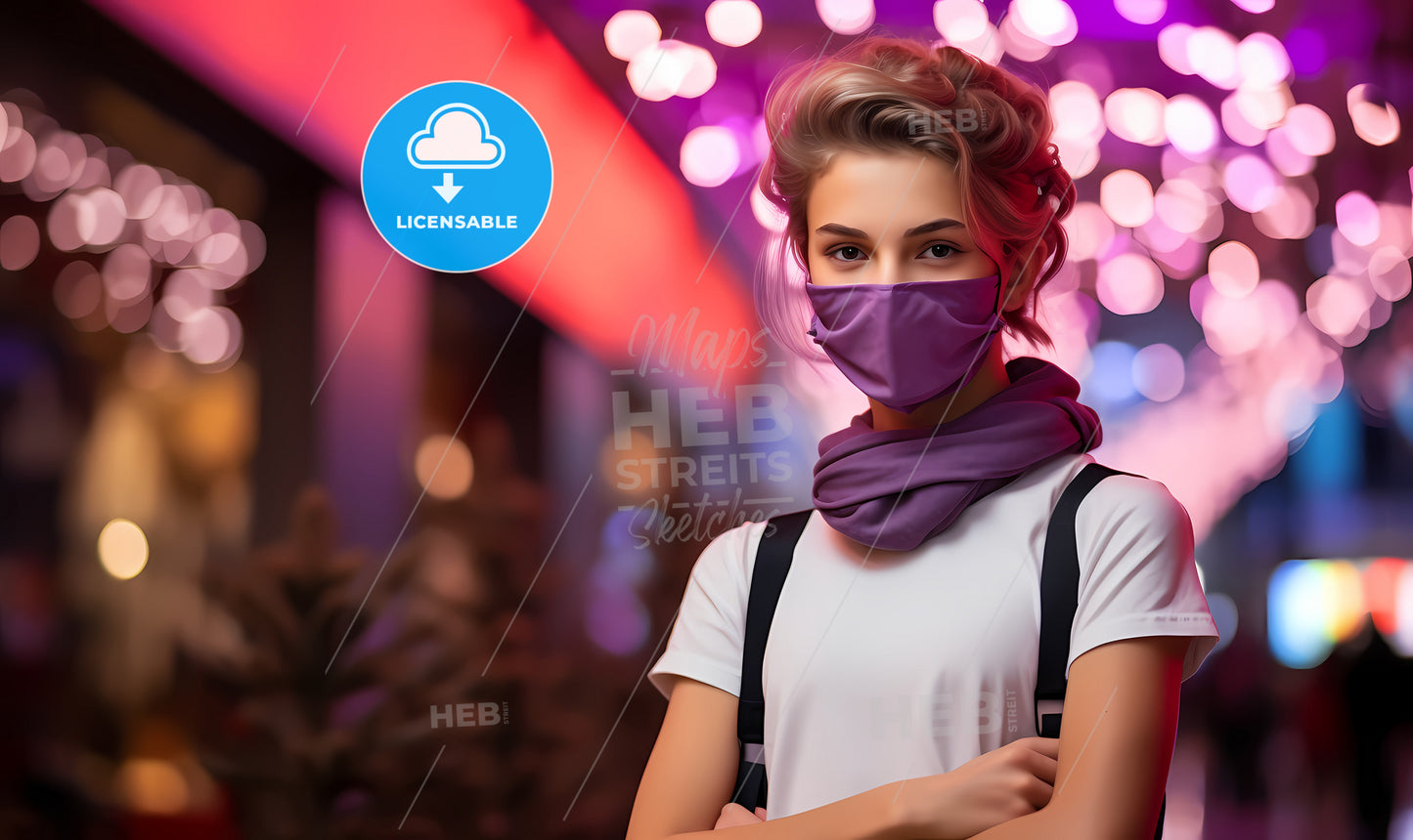 A Woman Wearing A Purple Face Mask