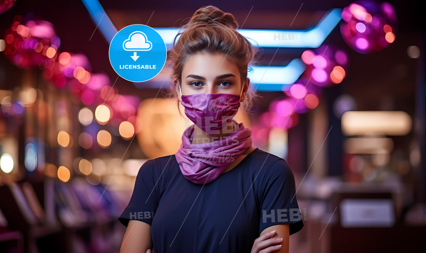 A Woman Wearing A Pink Scarf And A Face Mask