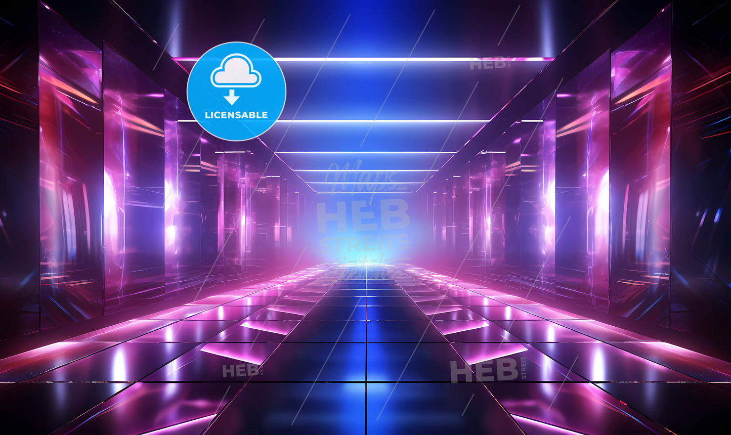 A Purple And Blue Lights In A Hallway