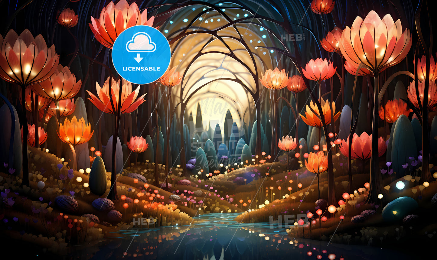 A Digital Art Of A Forest With Flowers And Trees