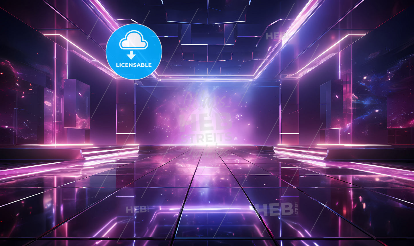 A Purple And Blue Room With Lights