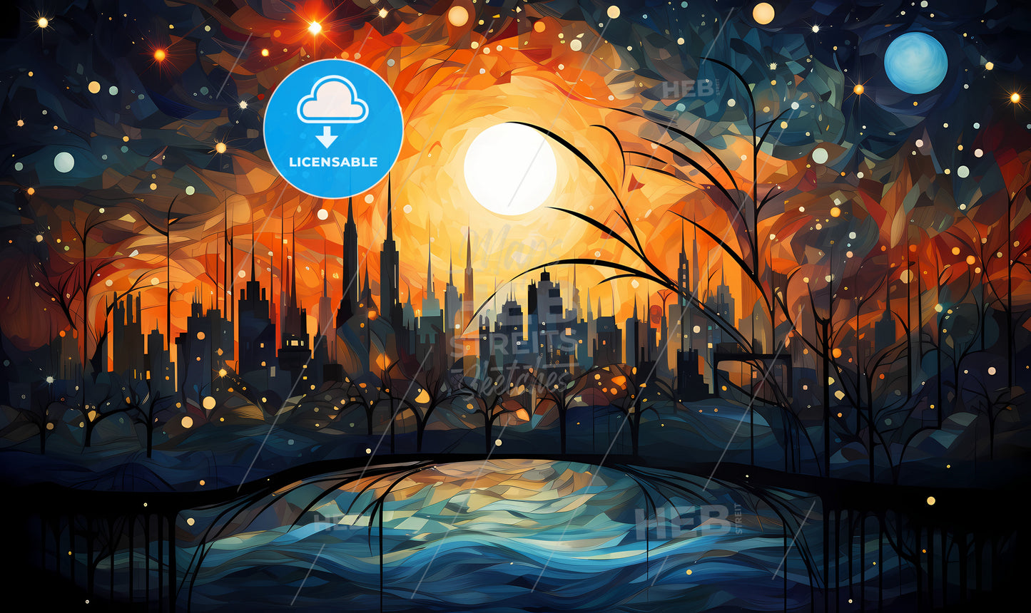 A Painting Of A City With A River And A Full Moon
