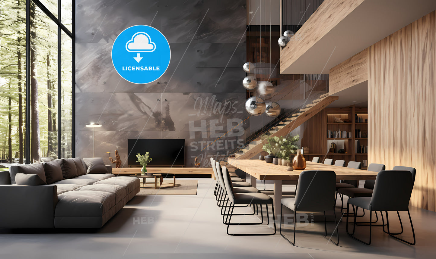 A Living Room With A Large Table And Chairs