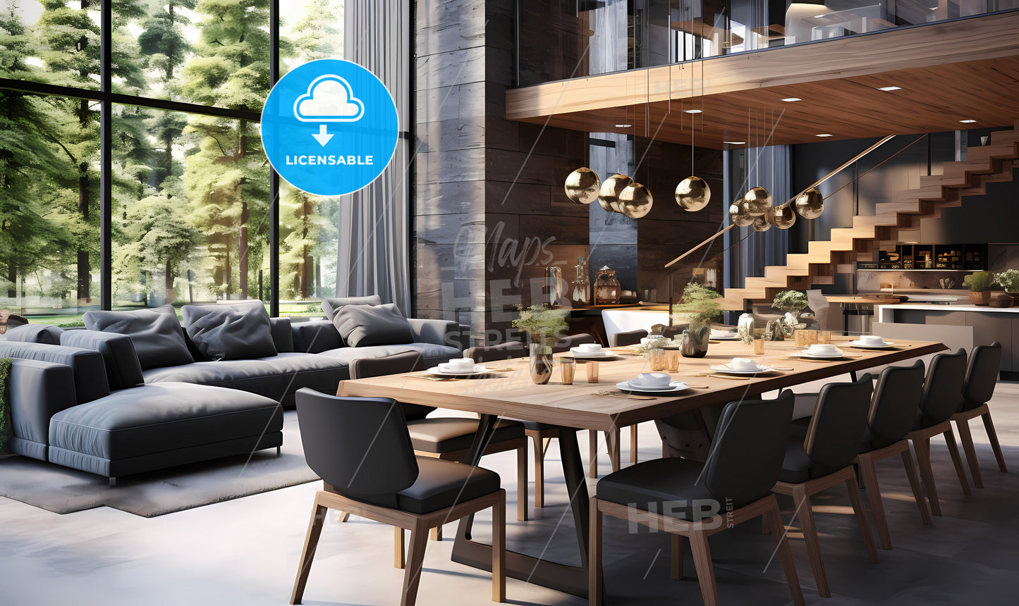 A Dining Table In A Room With A Large Staircase