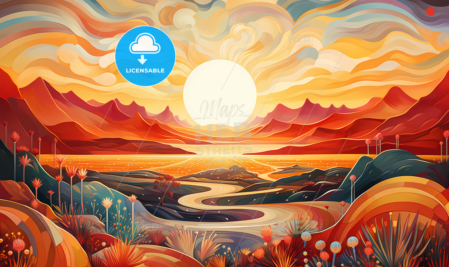 A Landscape With A River And Mountains And Sun