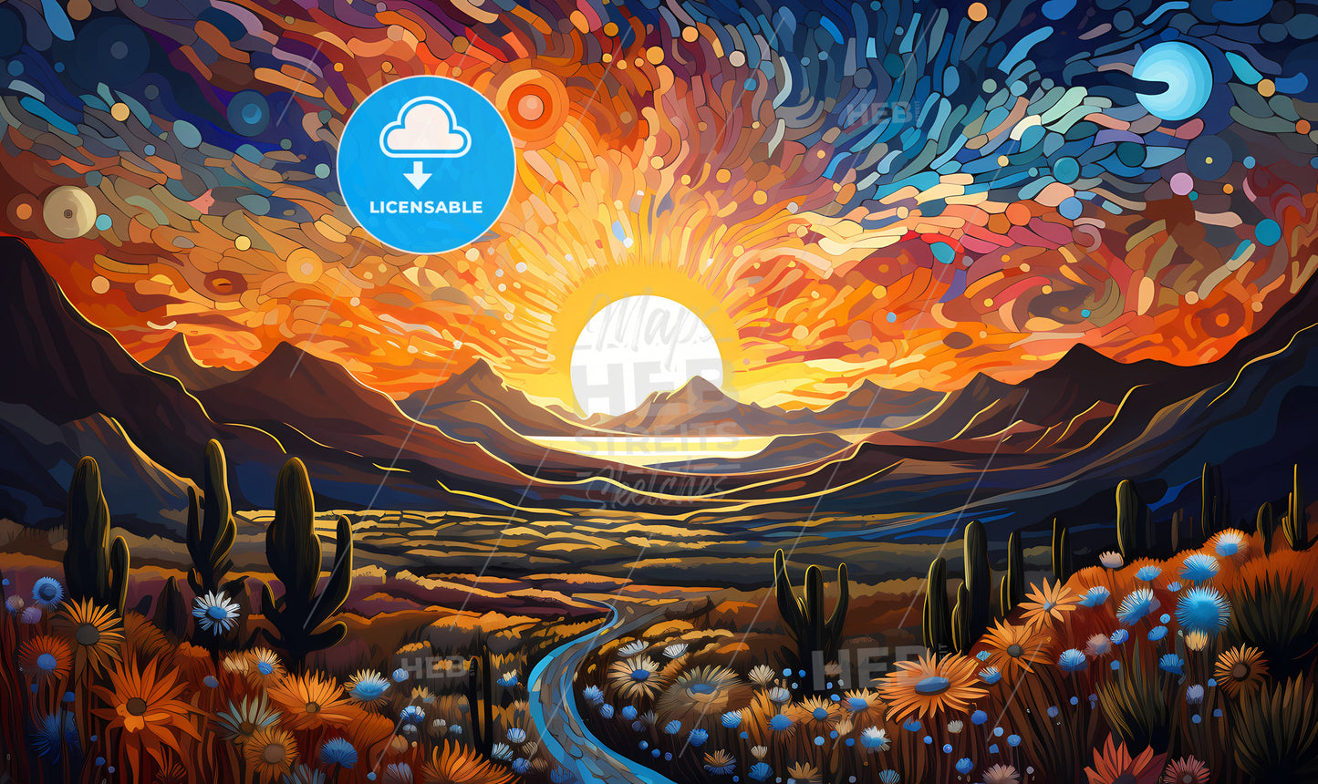 A Landscape With A Road And Cactuses