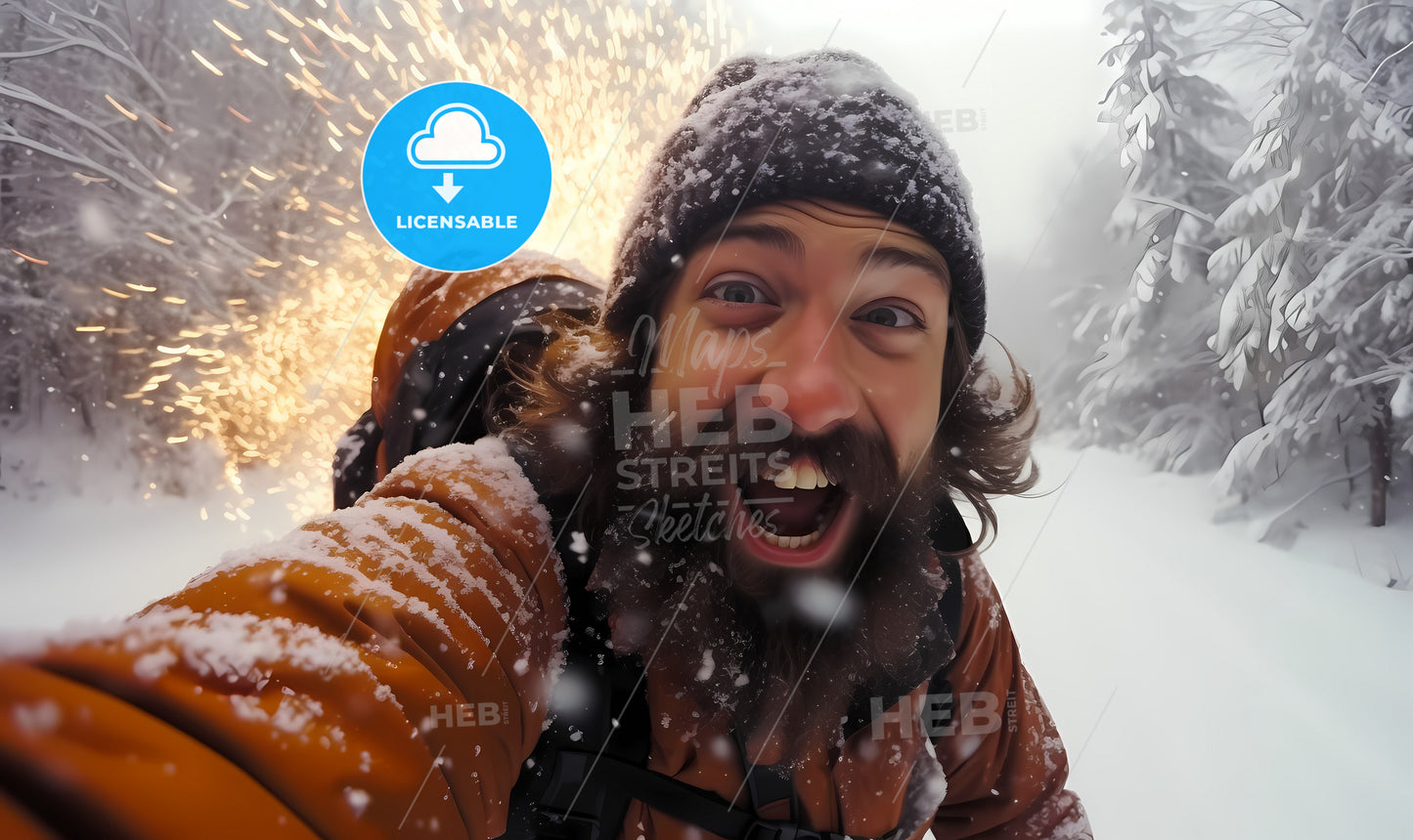 A Man With Beard And Hat In Snow