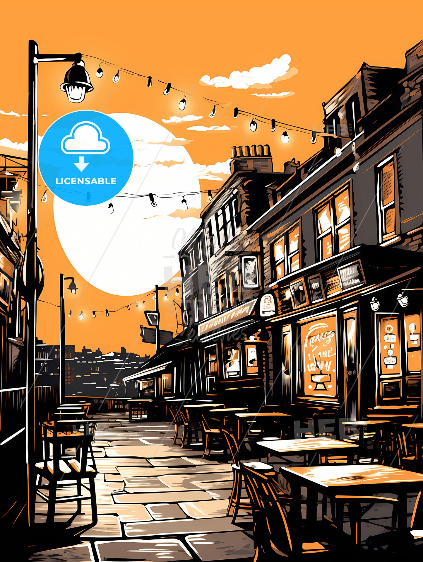 A Street With Tables And Chairs And A Street Lamp