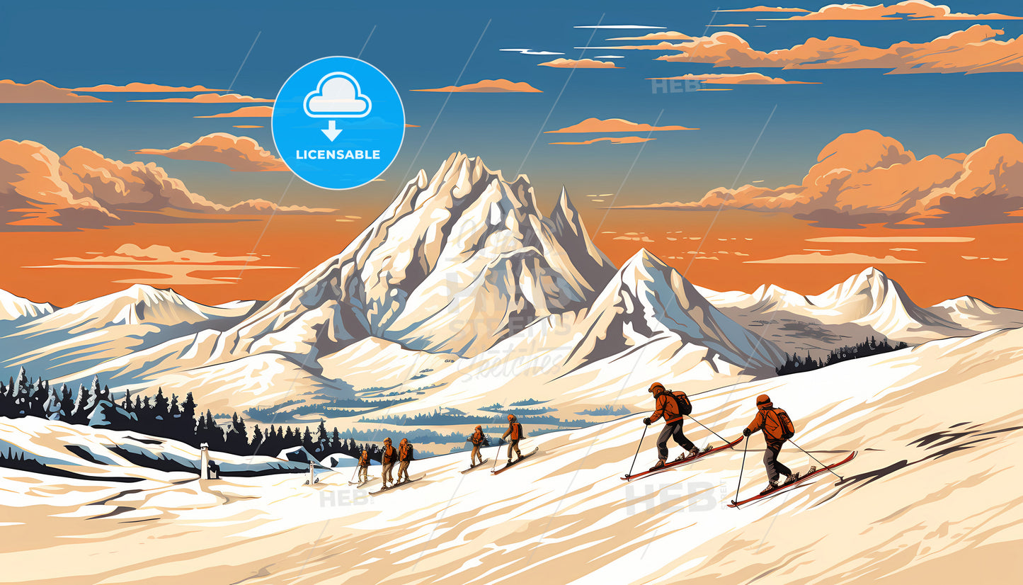 A Group Of People Skiing Down A Snowy Mountain