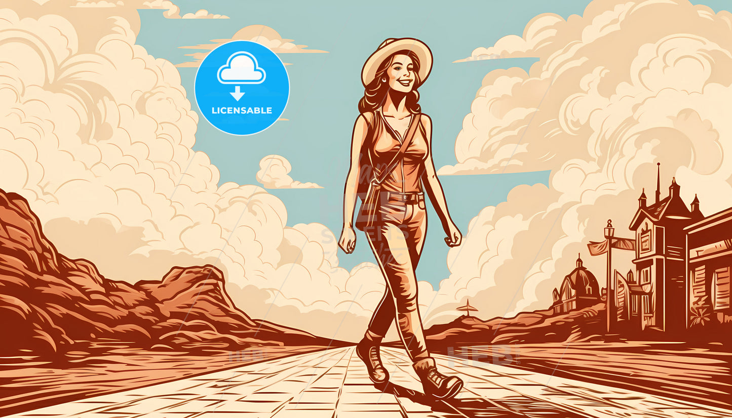 A Woman Walking On A Brick Road