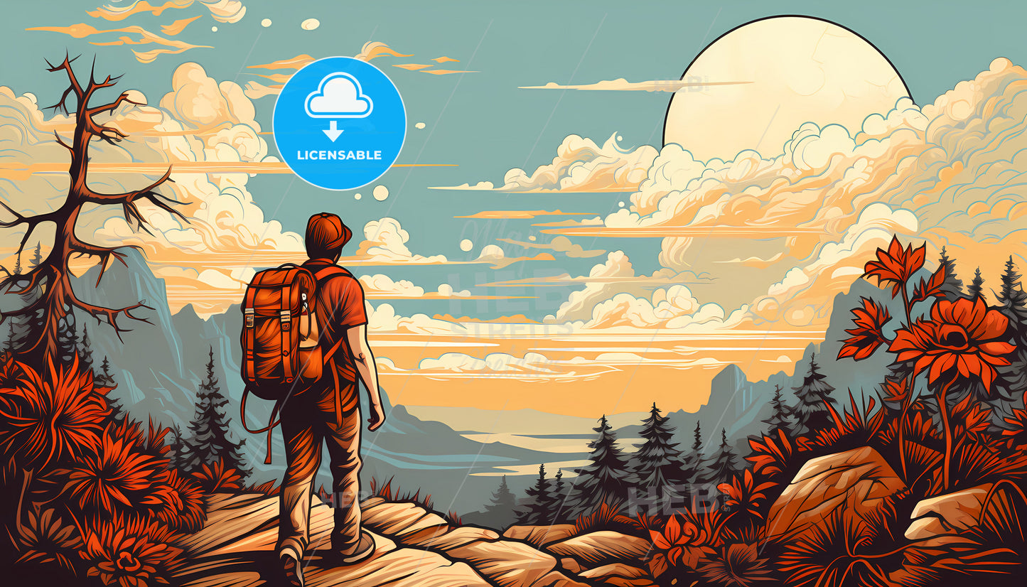 A Man With A Backpack Looking At The Sun