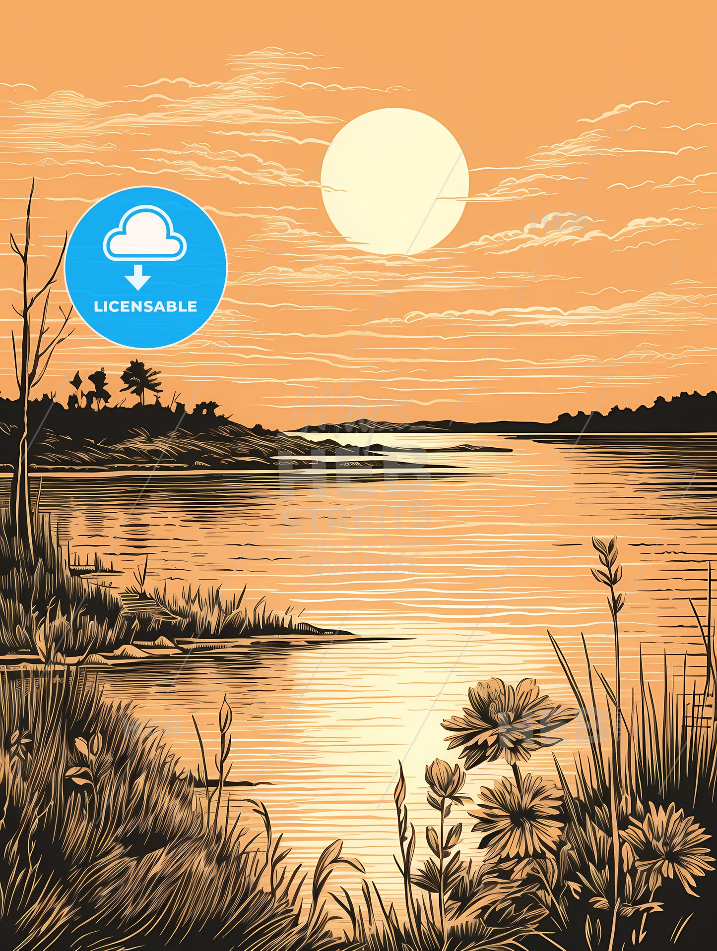 A Drawing Of A Lake With A Sunset