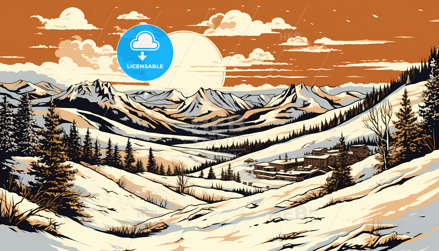 A Landscape Of A Snowy Mountain With A House And Trees