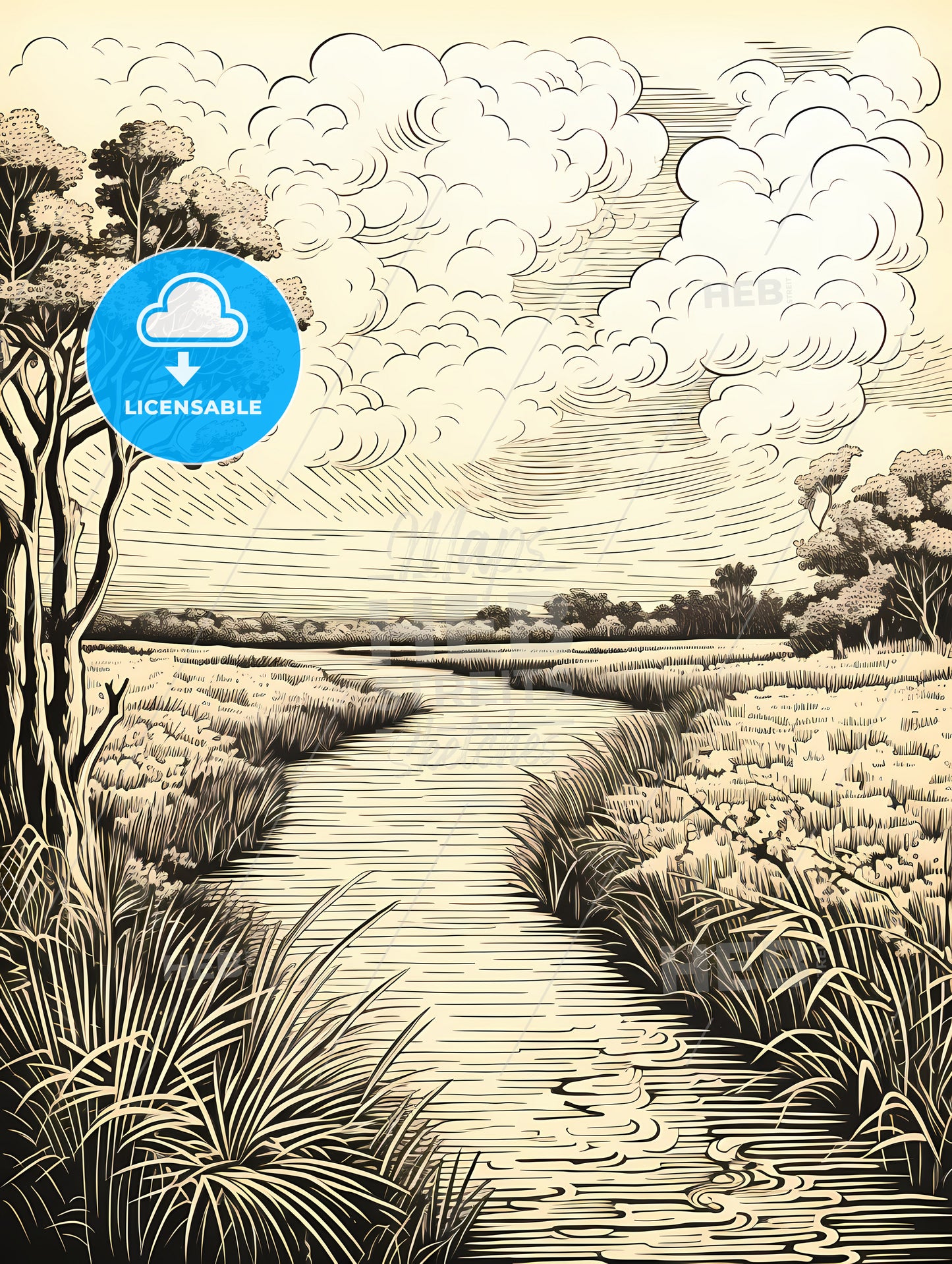 A Drawing Of A River Running Through A Field