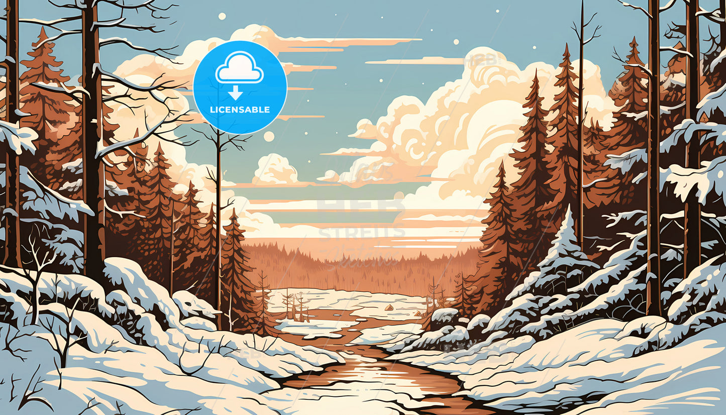 A Snowy Landscape With A River And Trees