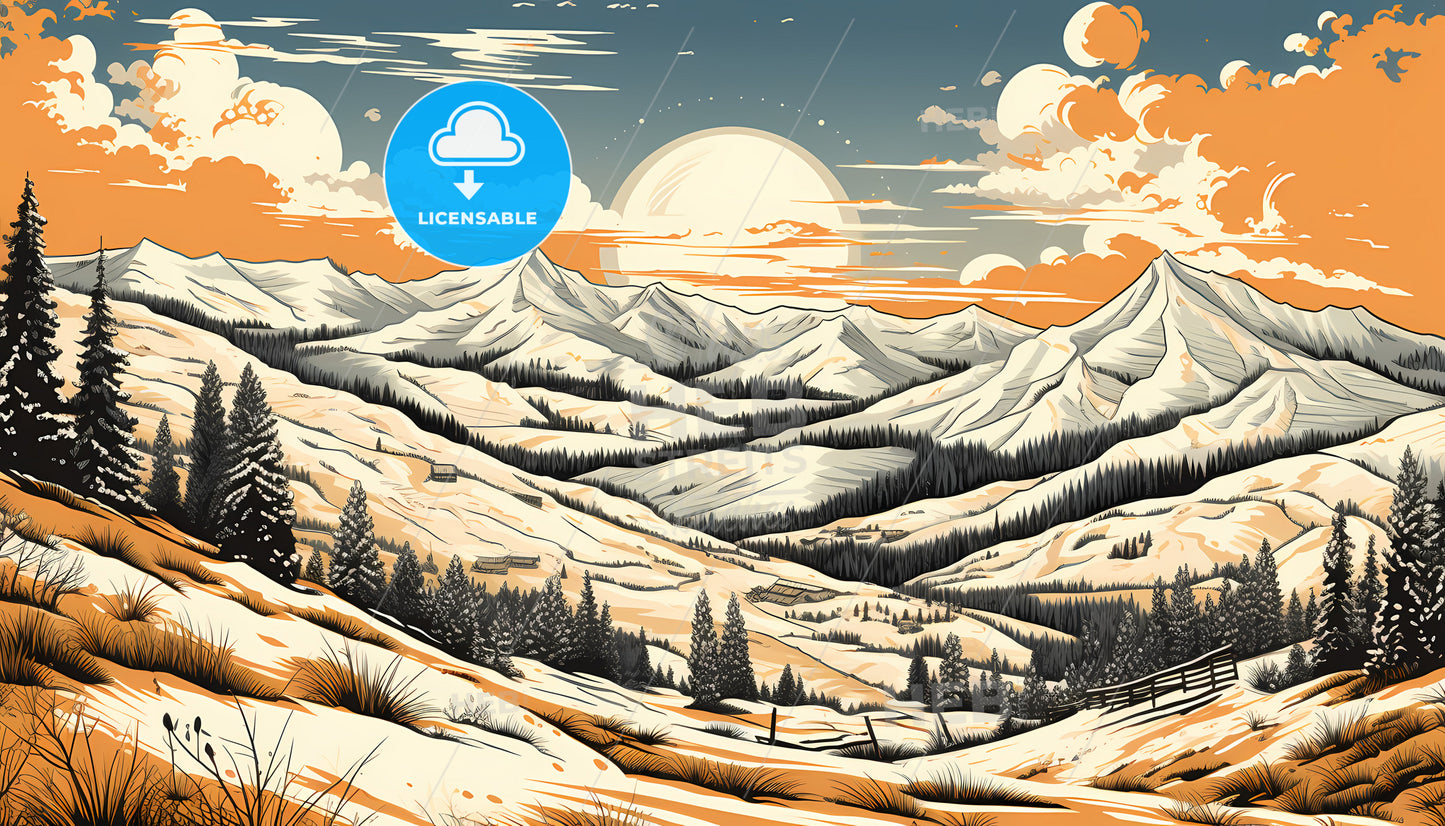 A Landscape Of Mountains With Trees And A Fence