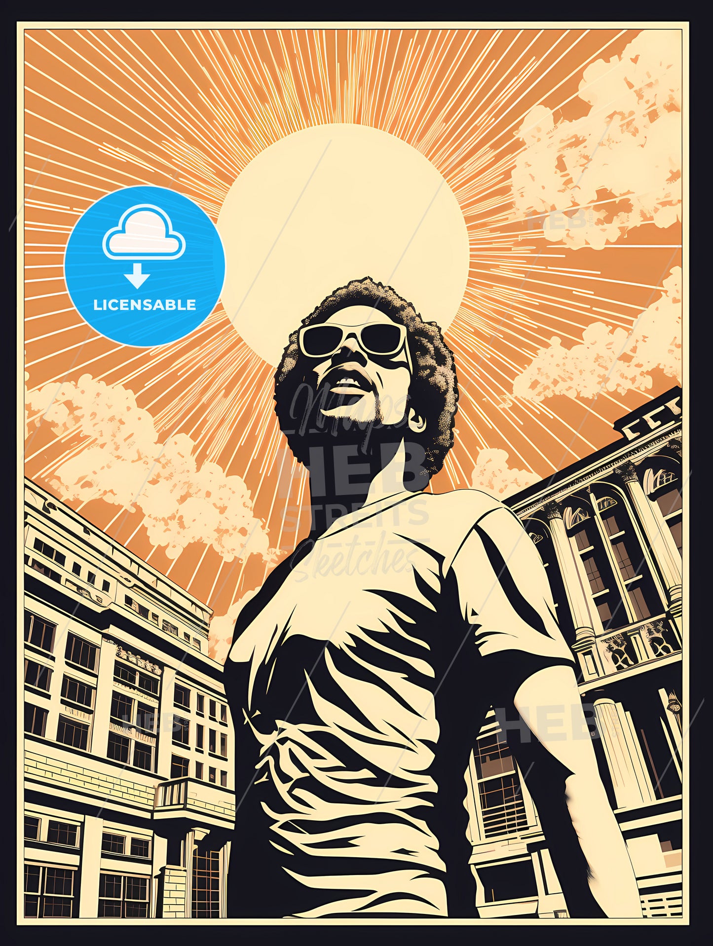 A Man In Sunglasses And A Building With Sun Behind Him