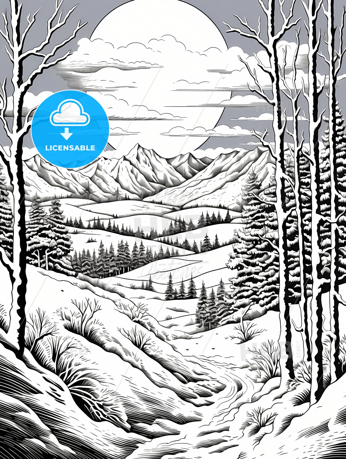 A Black And White Drawing Of A Snowy Landscape