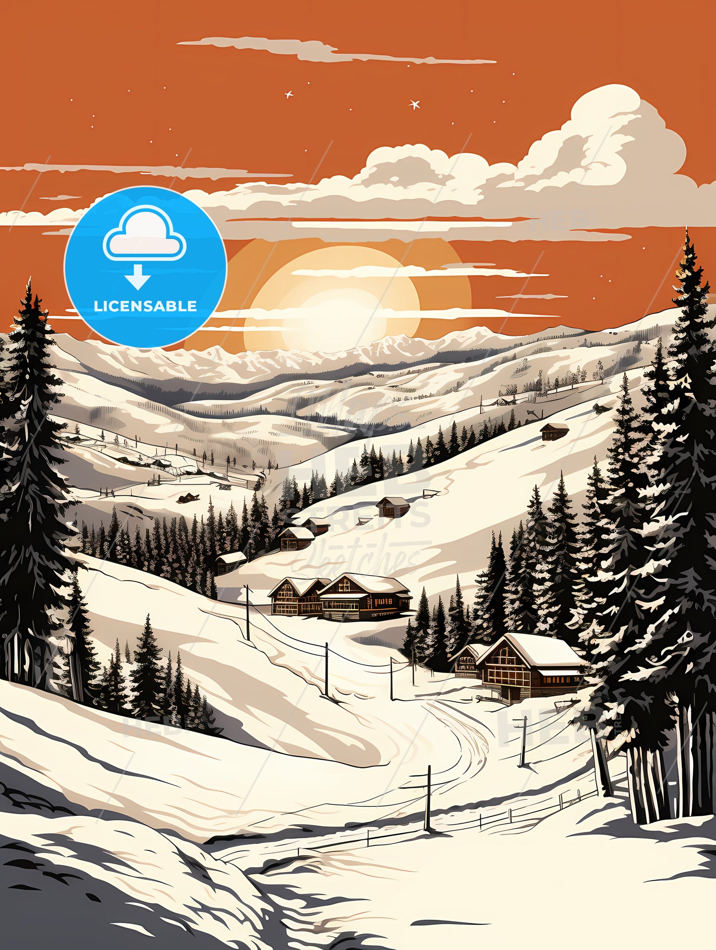 A Snowy Landscape With Houses And Trees