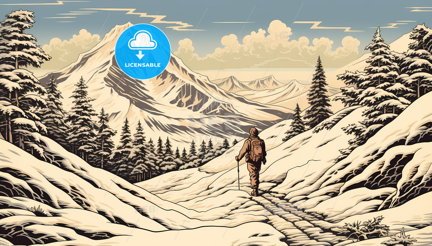 A Man Hiking In The Snow