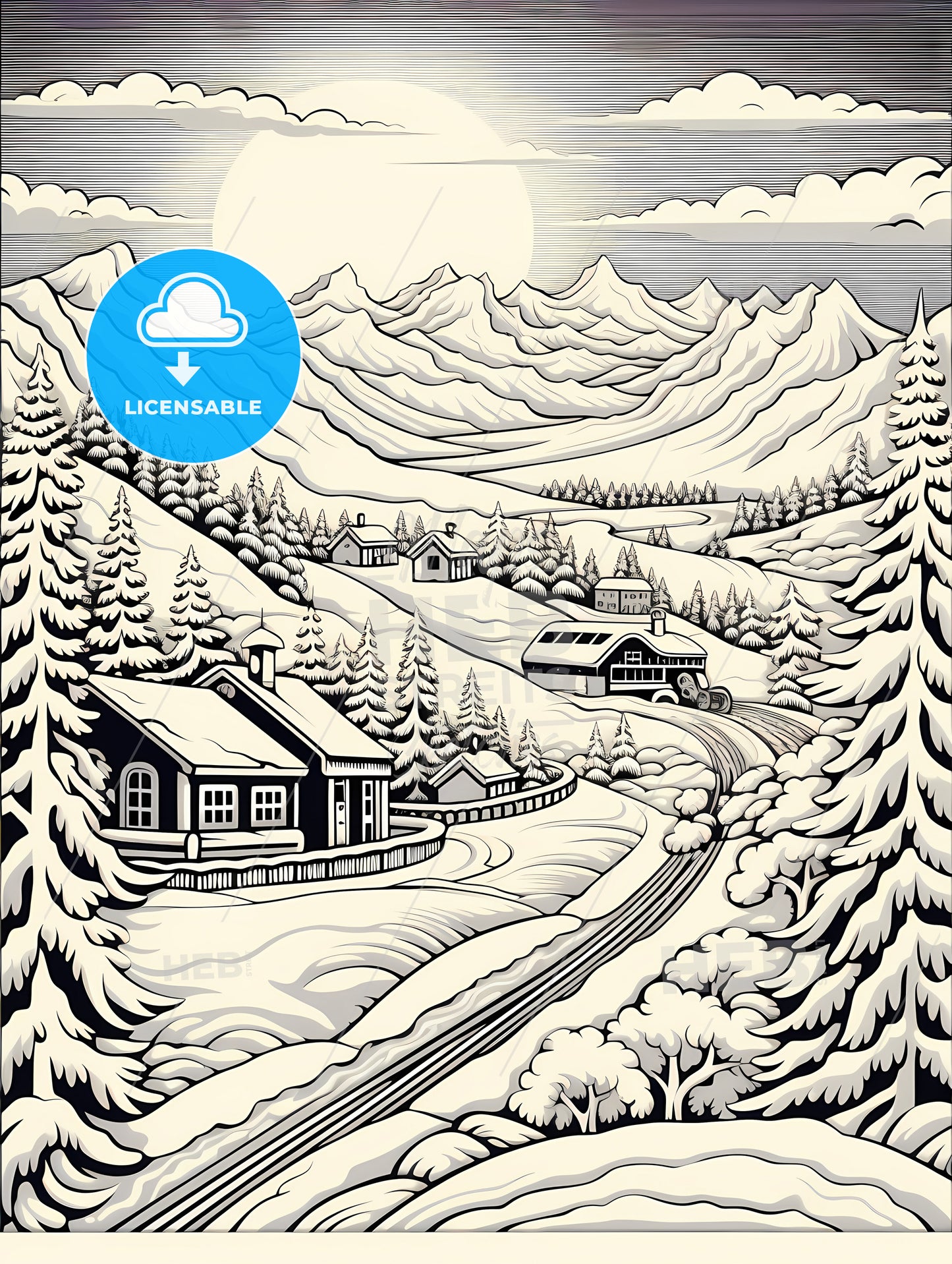 A Black And White Drawing Of A Snowy Mountain Landscape