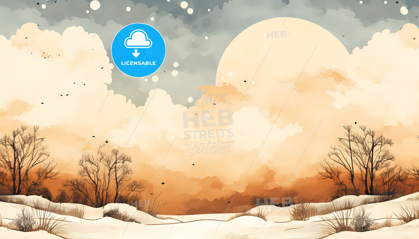 A Snow Covered Field With Trees And A Large Moon