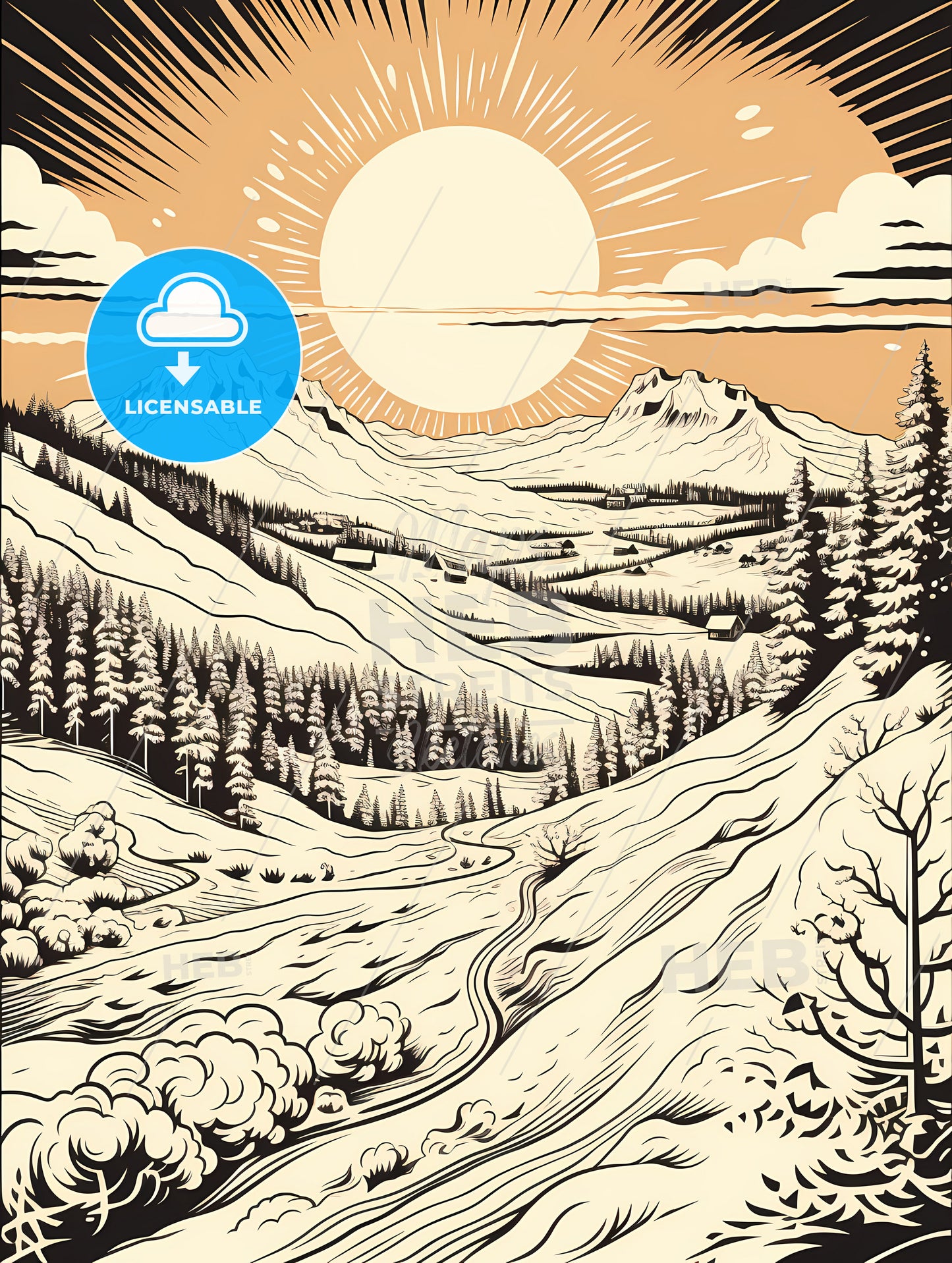 A Drawing Of A Landscape With Trees And Mountains