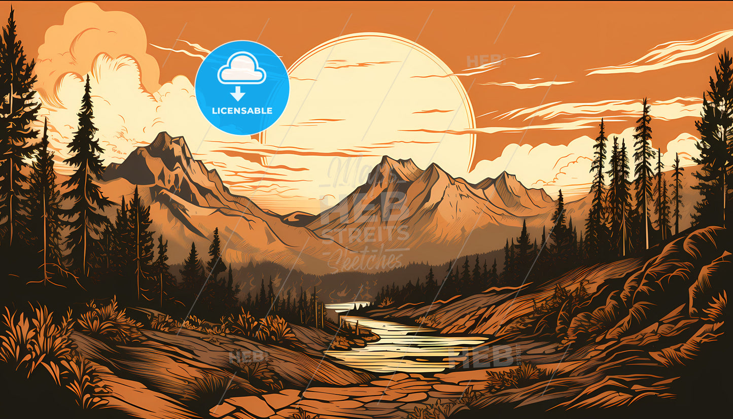 A River Running Through A Valley With Trees And Mountains