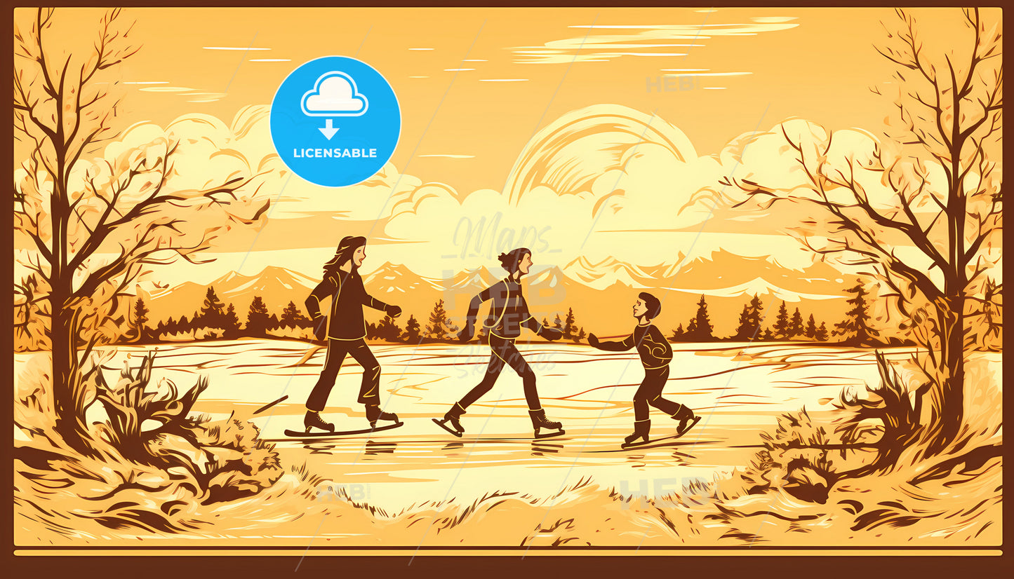 A Group Of People Skating On A Frozen Lake