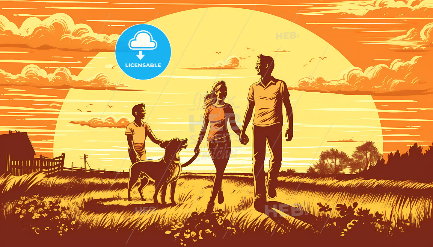 A Man And Woman Holding Hands And A Dog Walking In A Field